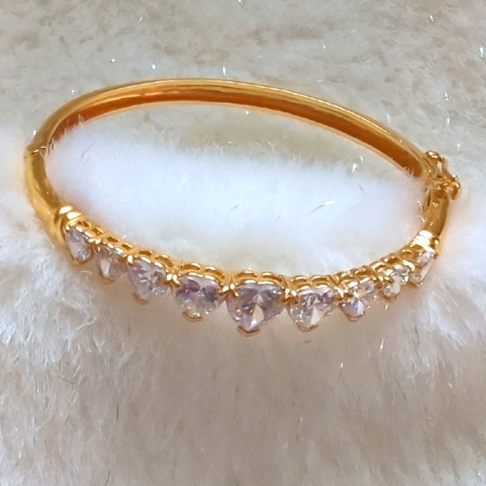 Vintage 1980s Gold Vermeil Sterling Silver Heart CZ Bangle Marked 925 Heirloom - Picture 2 of 13